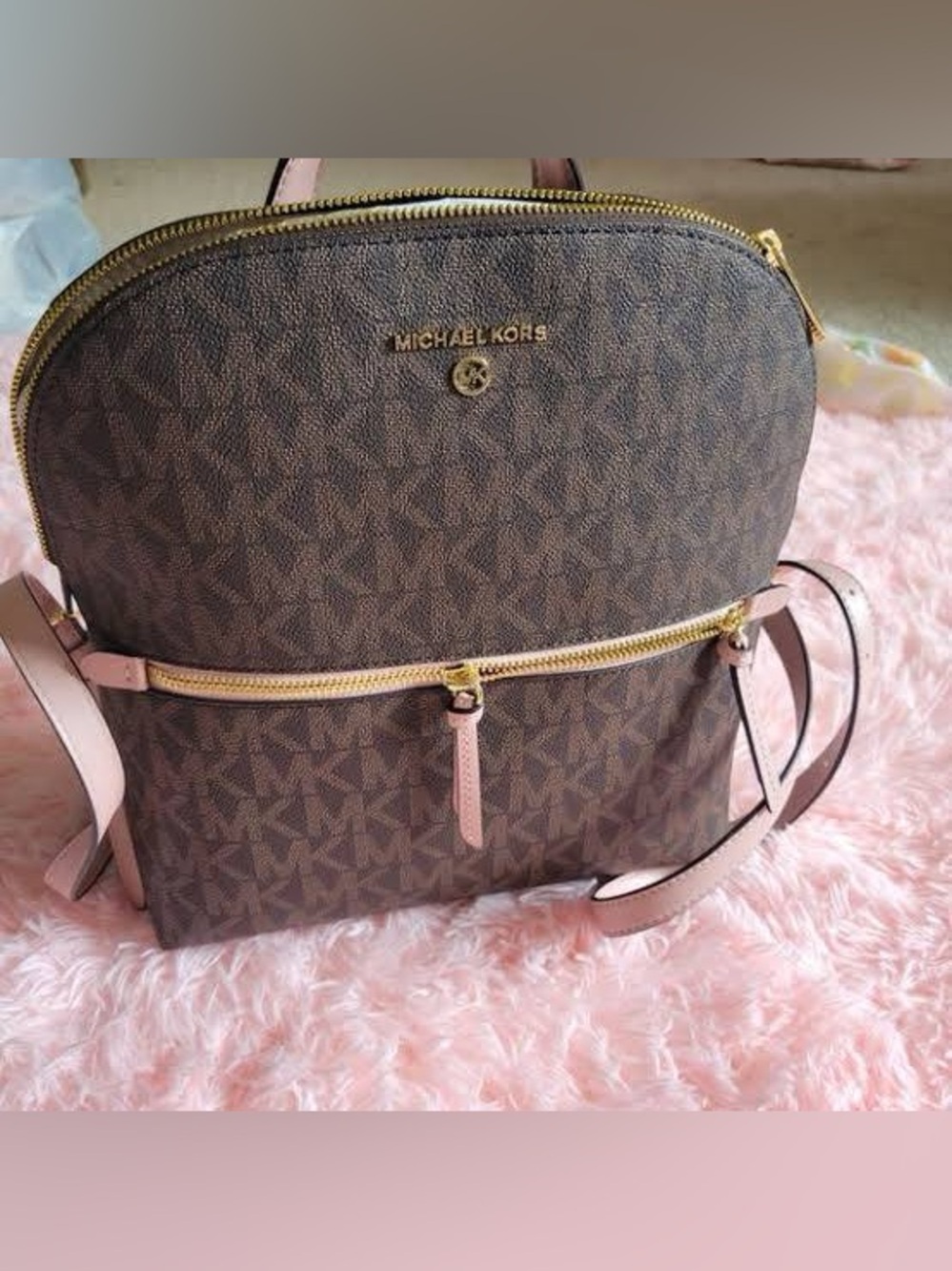 Michael Kors Dallas Medium Signature Logo Crossbody Backpack Pink Trim